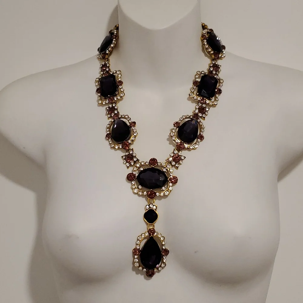 Purple amber and clear rhinestones goldtone statement necklace NIB wedding prom - Picture 9 of 10